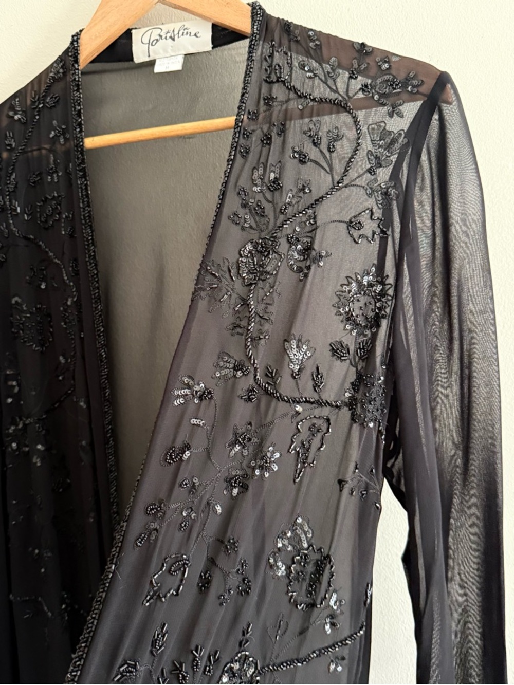 Parisline 90s Sheer Black Beaded Evening Long Duster Jacket Medium - Picture 3 of 9